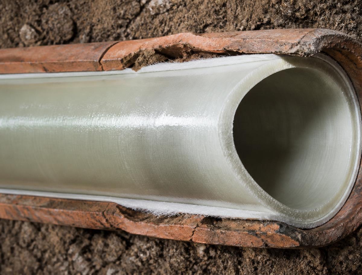 Cured resin liner forming a smooth new pipe inside an old cracked clay pipe